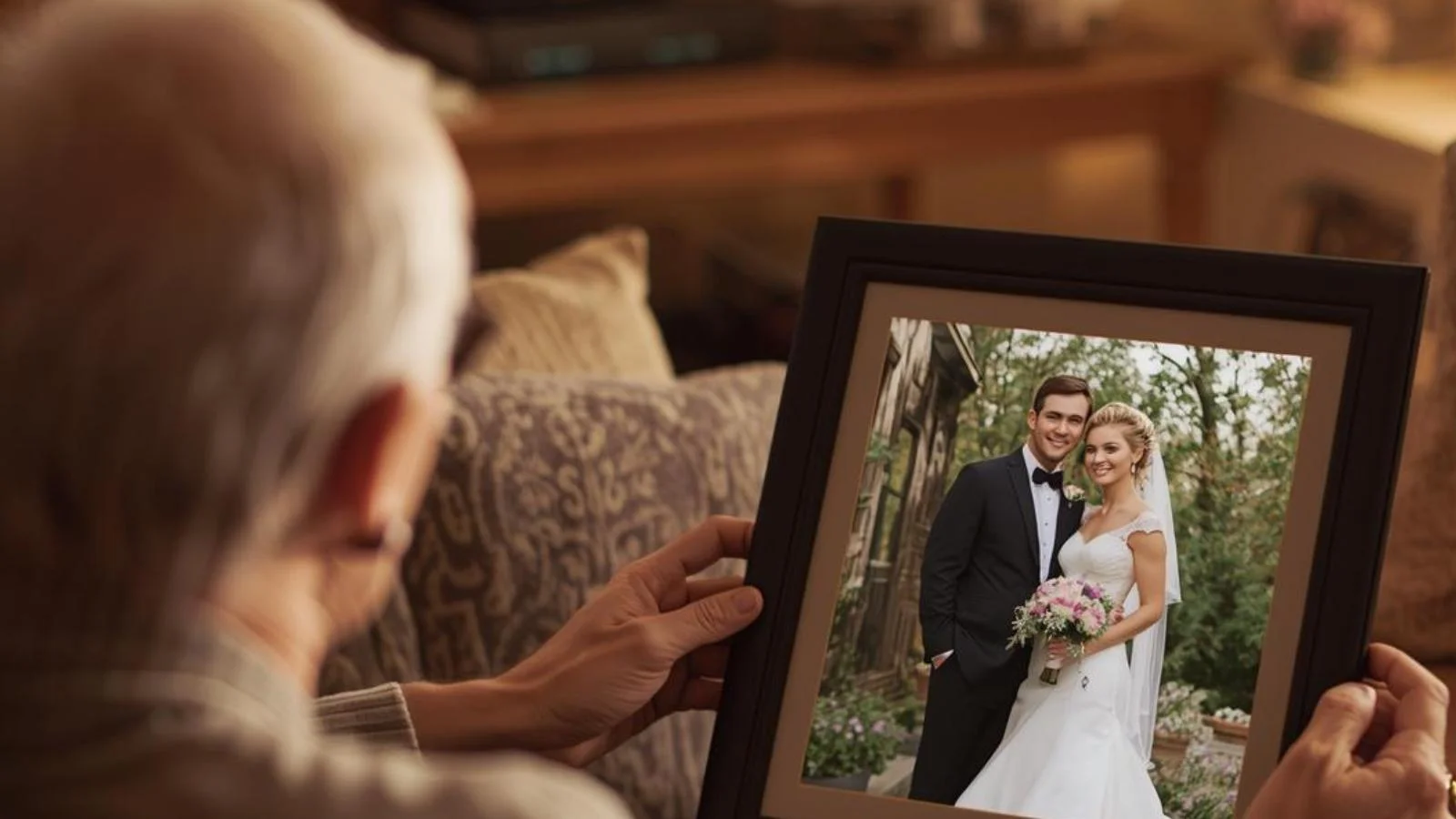 Parents smiling at a framed wedding photo of their son and daughter-in-law on their anniversary.