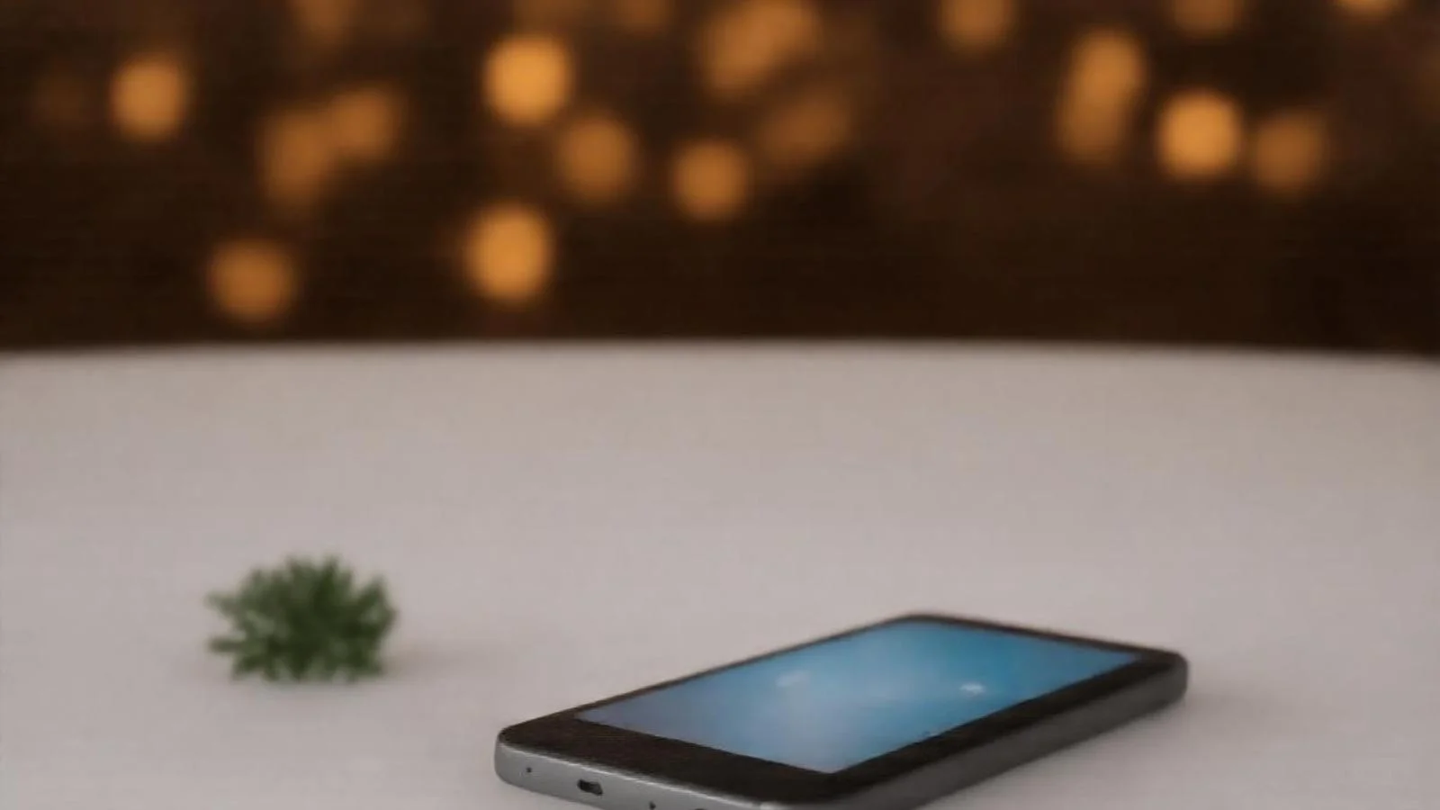 New Year celebration flat-lay with a phone, confetti, and warm lights in the background.