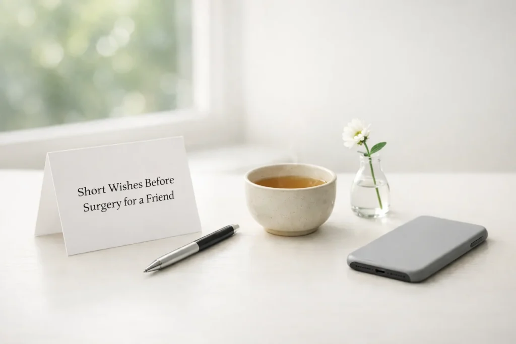 A blank card, pen, and tea on a bright table representing surgery prayers for friend and short wishes before surgery for a friend.
