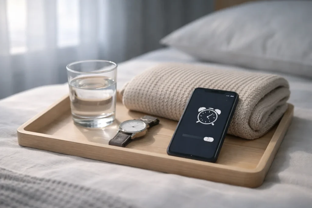 A calm bedside tray with a phone and watch symbolizing surgery prayers for friend and morning-of surgery messages.