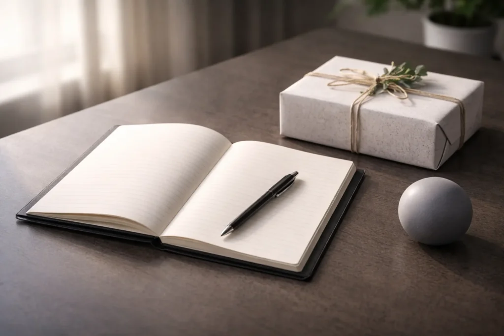 A dark notebook, pen, and small gift box representing surgery prayers for friend and messages for him before surgery.