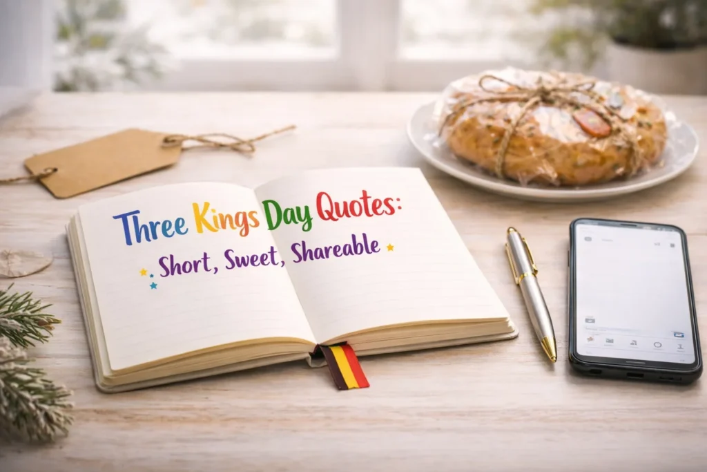 An open blank notebook and gift tag sit beside a pastry on a plate and a phone with a blank message screen in soft morning light.