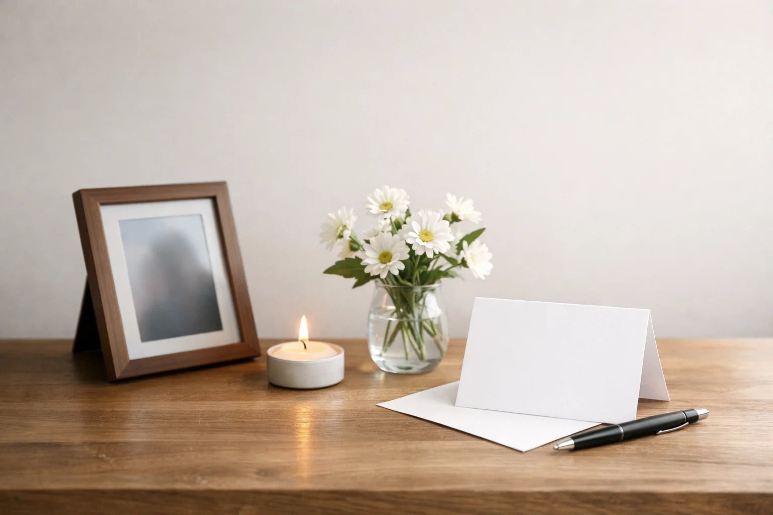 Soft daylight memorial tabletop with a turned-away framed photo, a lit candle, white flowers, and a blank card with a pen on a neutral background.