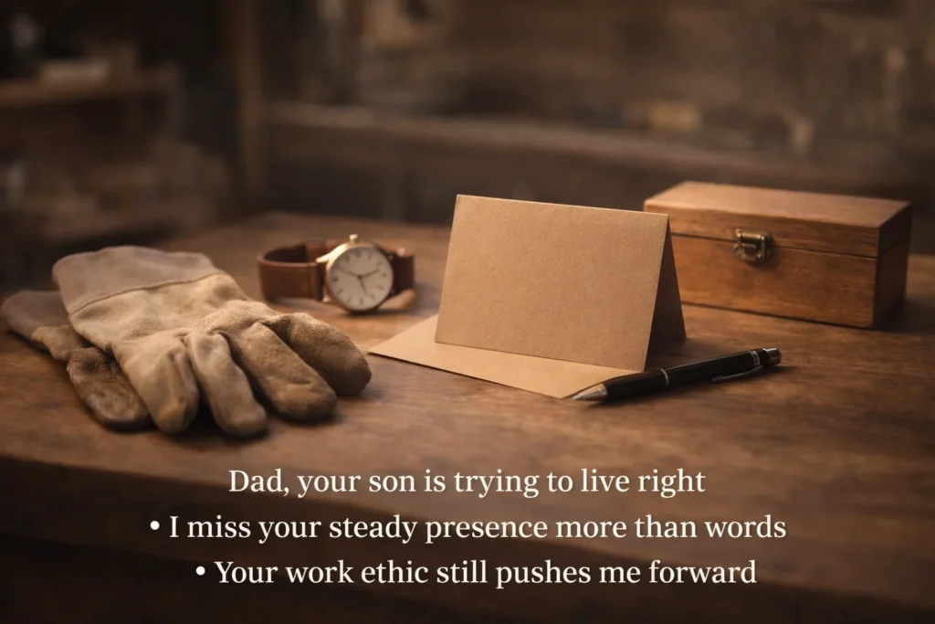 A warm tabletop with gloves, a watch, and a blank card representing death anniversary wishes for dad from son.