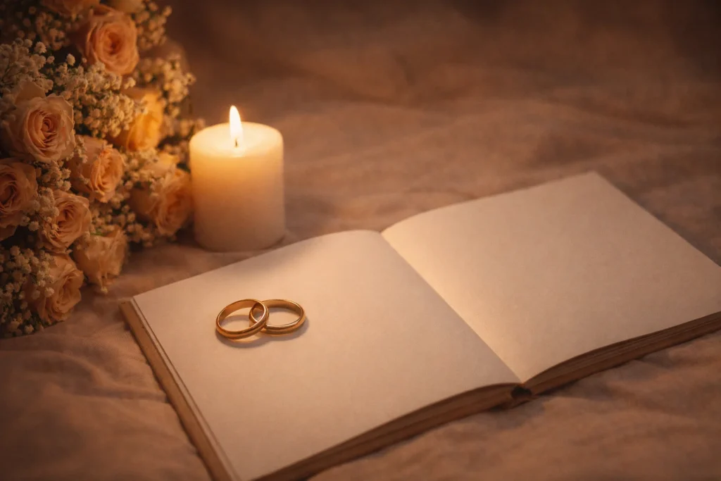 Faith-filled wedding anniversary scene with rings, candle, and card symbolizing love and commitment.