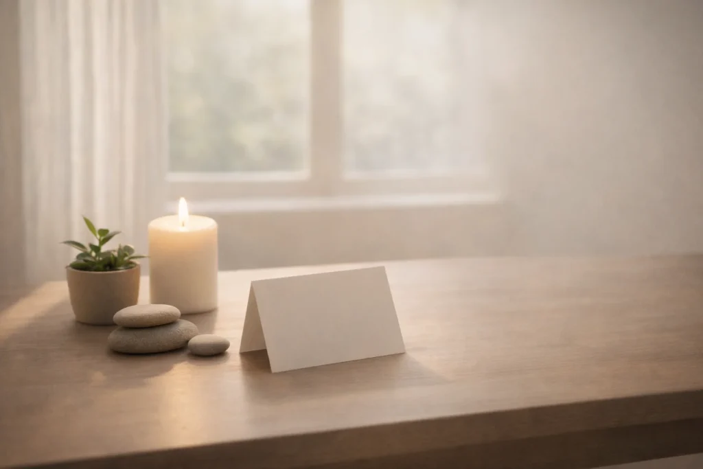 Peaceful spiritual anniversary setup with candle, plant, stones, and blank card.