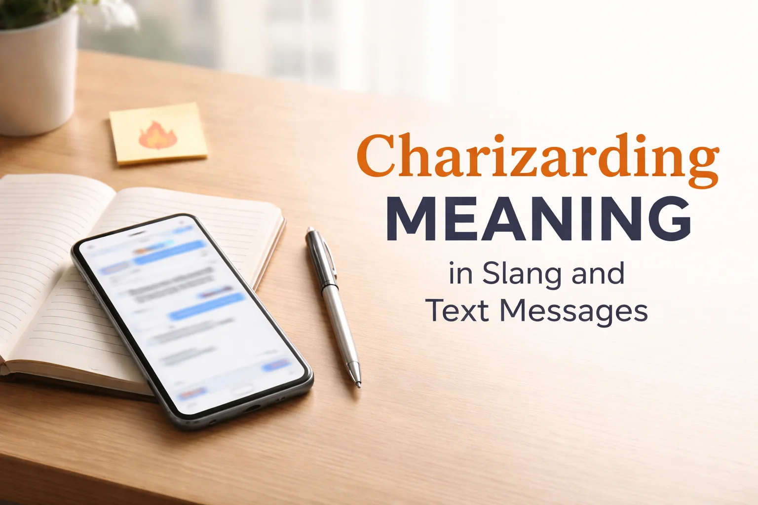 Feature image for Charizarding Meaning in Slang and Text Messages showing a phone with blurred chat bubbles on a clean desk beside a blank notebook.