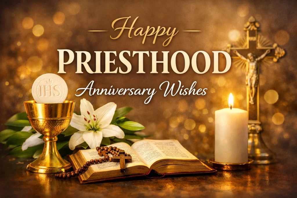 Beautiful Happy Priesthood Anniversary Wishes image with a heartfelt Christian message to celebrate a priest’s faithful service and dedication to God.