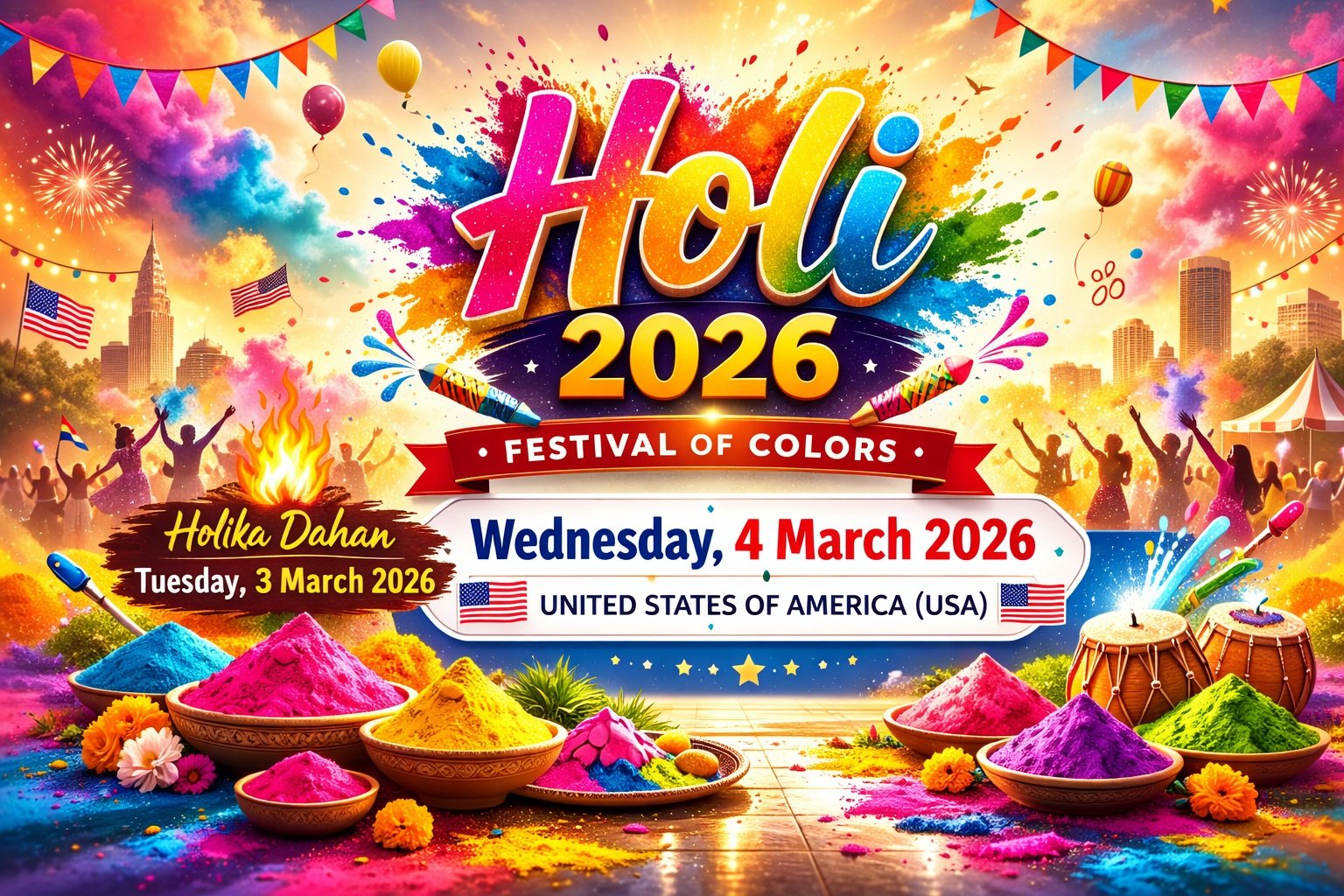 “Colorful Holi 2026 graphic with splashes of powder and festive decorations.”