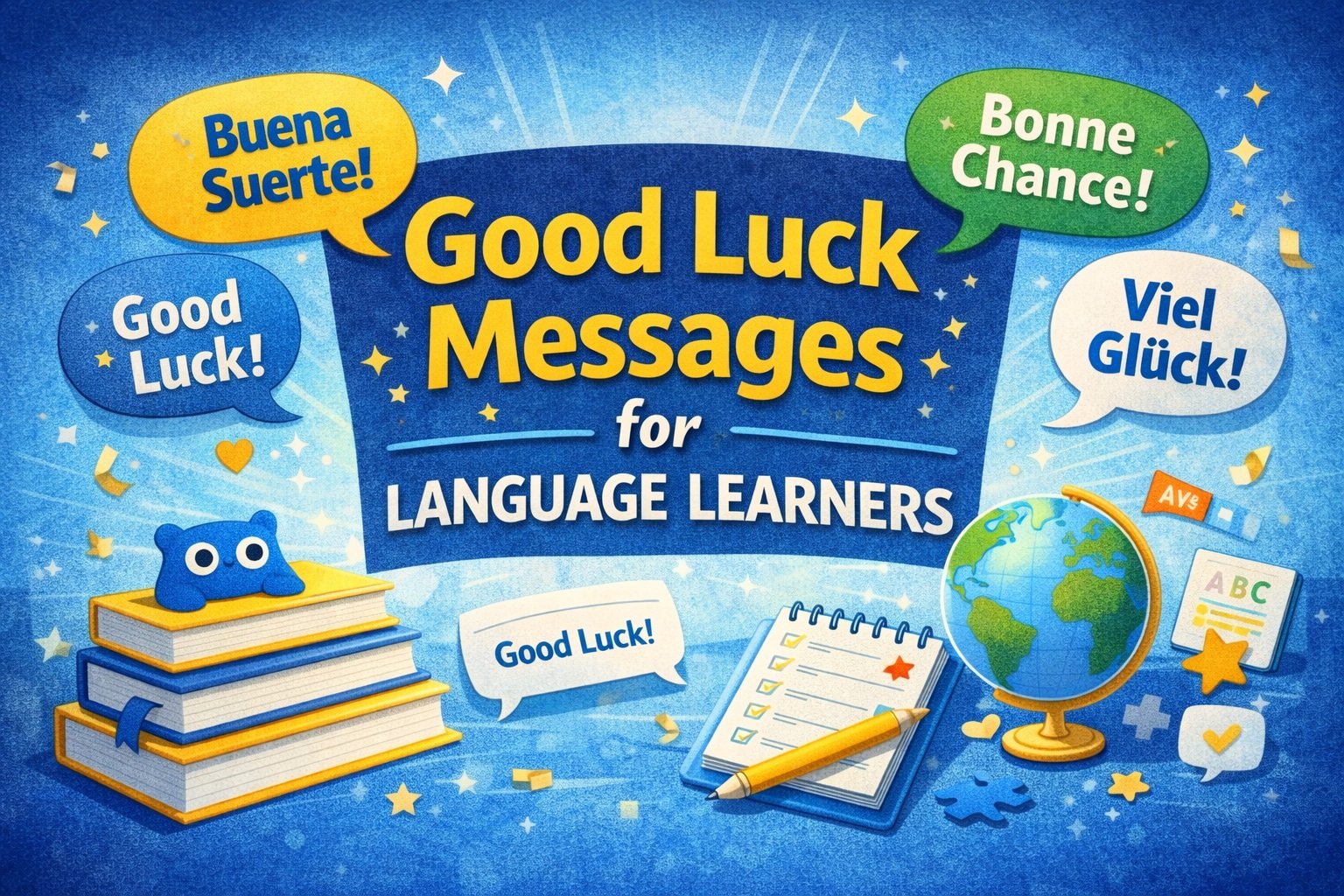 Good Luck Messages for Language Learners header image with study and language icons