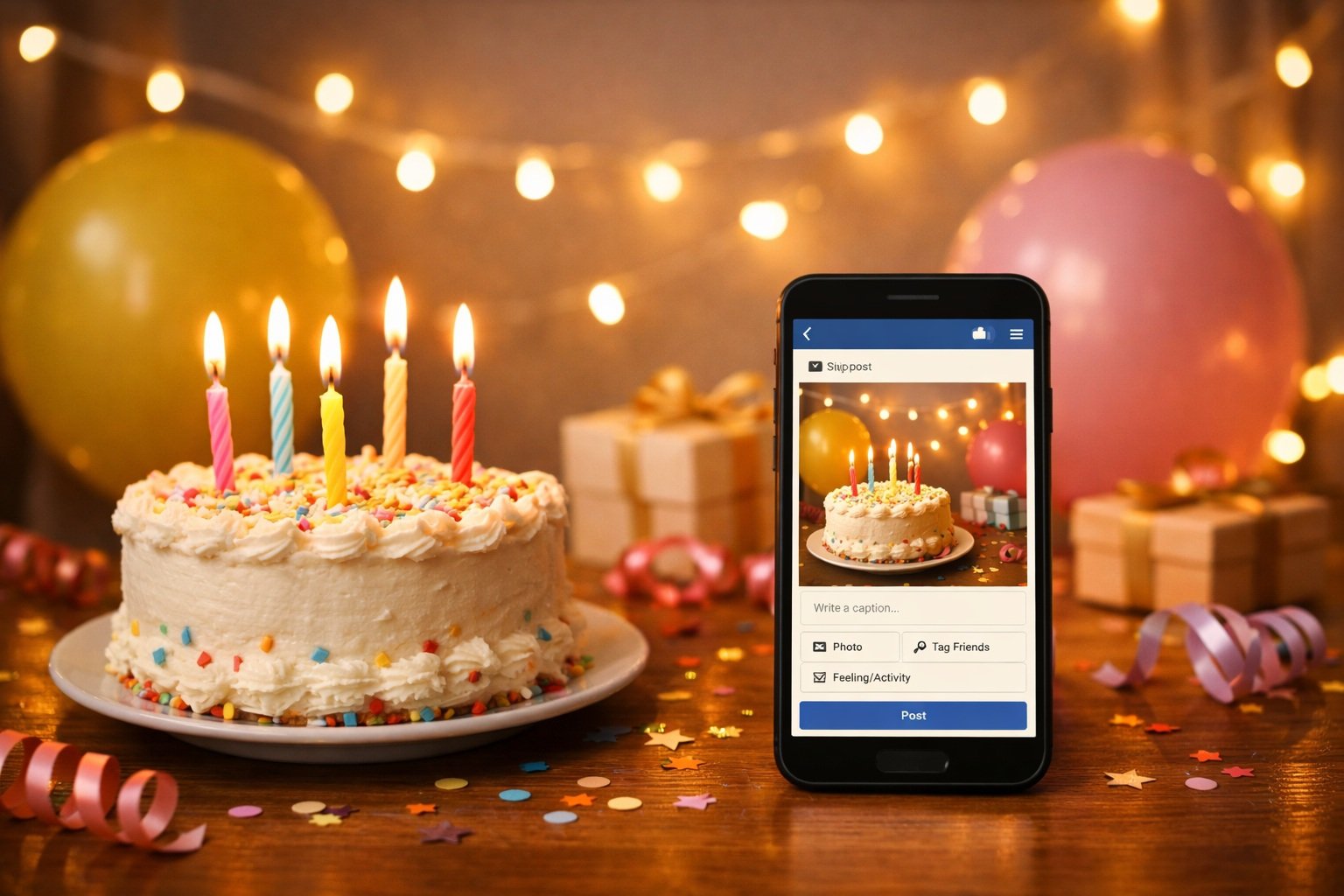 Birthday cake and party decorations with a phone ready for a social media birthday post caption.