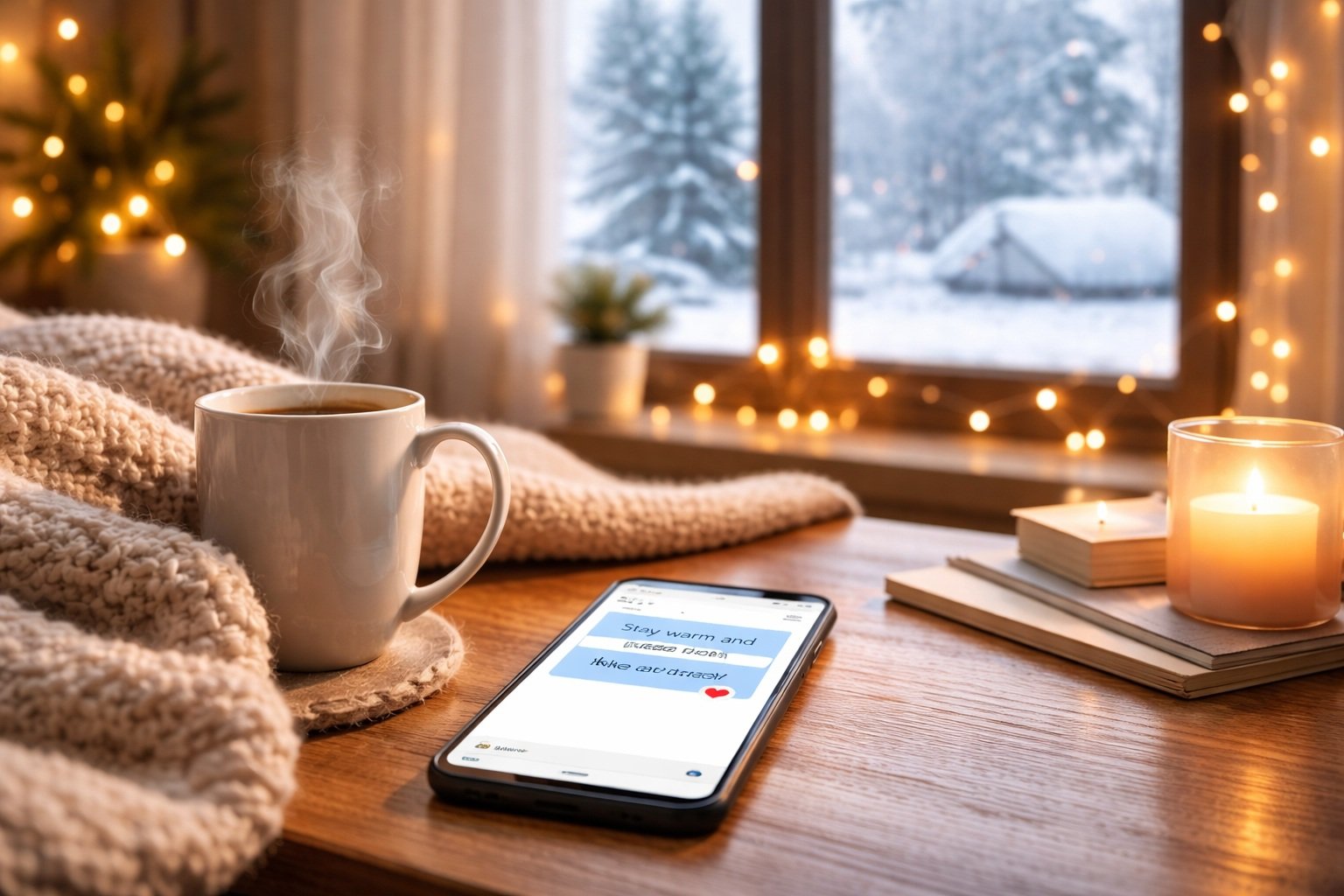 Cozy winter setup with a warm drink, blanket, and phone for sending a stay warm message.