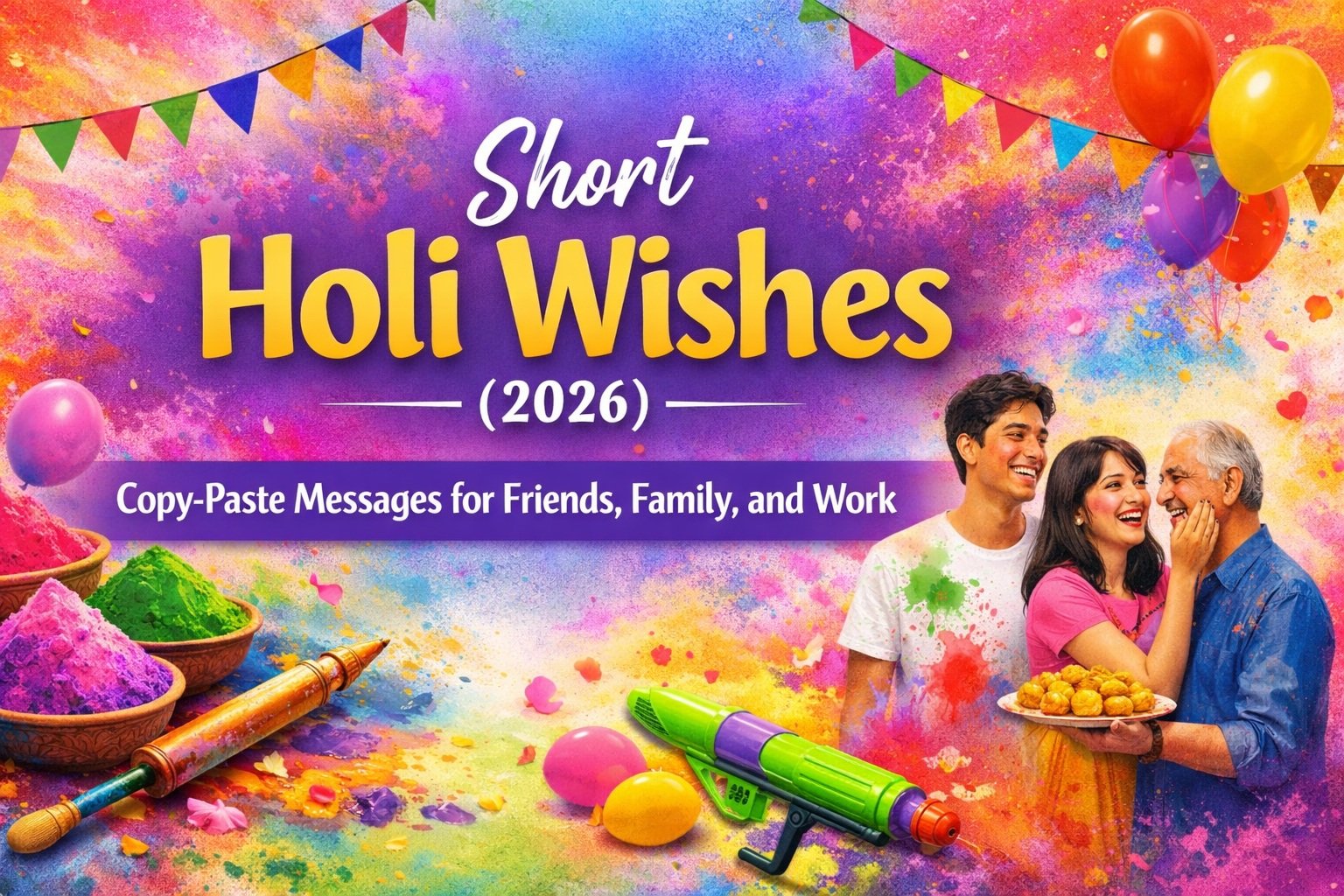 Colorful Holi feature image with text “Short Holi Wishes (2026): Copy-Paste Messages for Friends, Family, and Work,” festive powder colors, balloons, and a happy family celebrating.