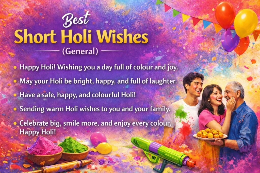 Holi-themed image with the heading “Best Short Holi Wishes (General),” colorful powders, balloons, a water gun, and a happy family celebrating with sample Holi wishes text.