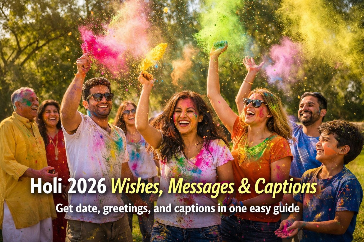 “Friends and family celebrating Holi with colorful powder outdoors”