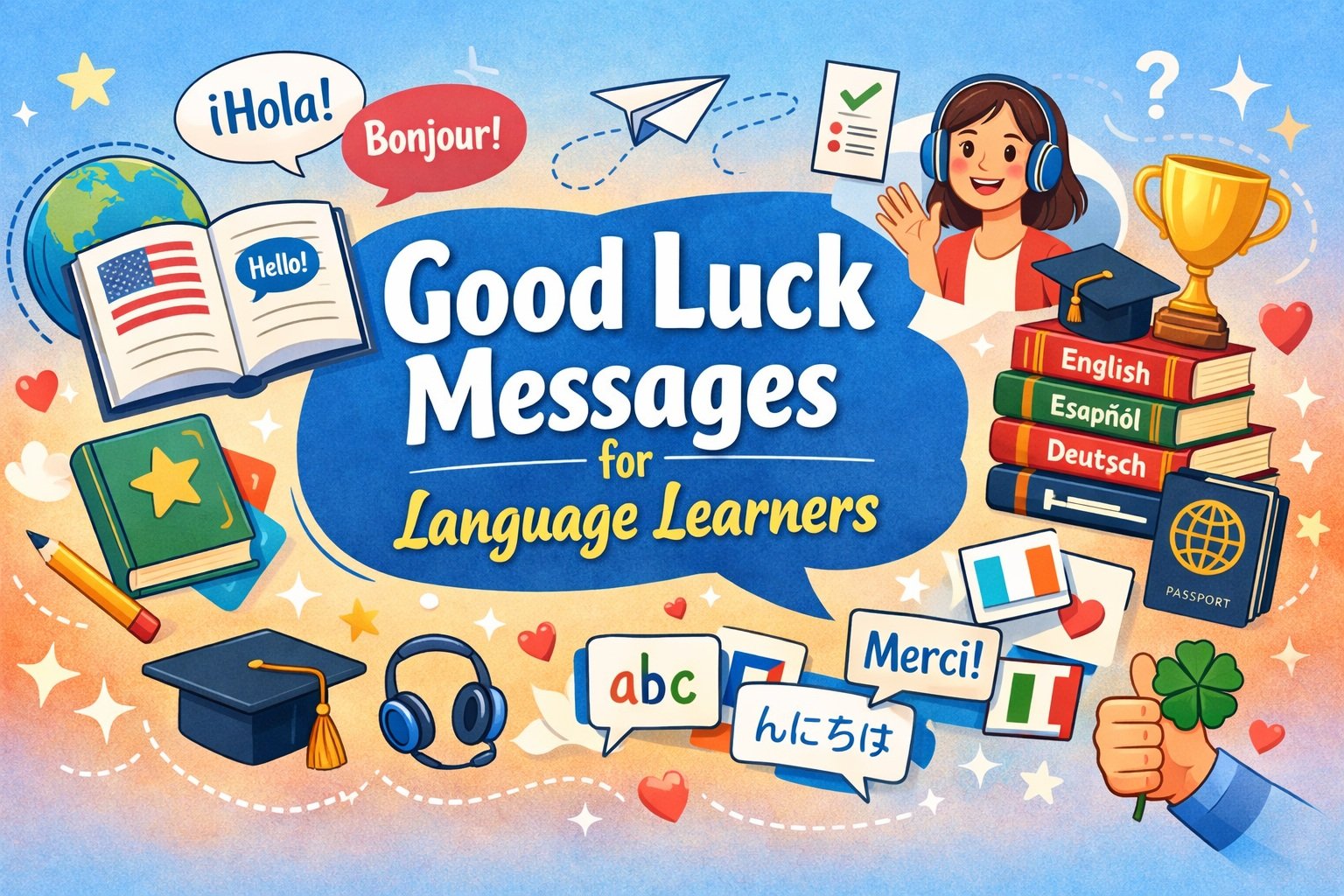 Illustration reading “Good Luck Messages for Language Learners” with language-learning icons like books, flags, headphones, and a trophy.