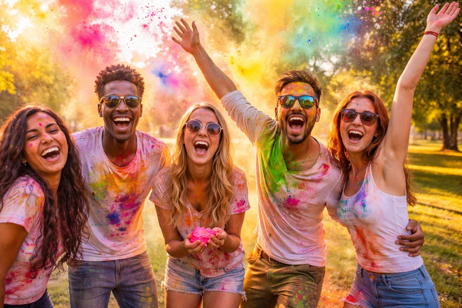 Friends celebrating Holi with colorful powder outdoors.”