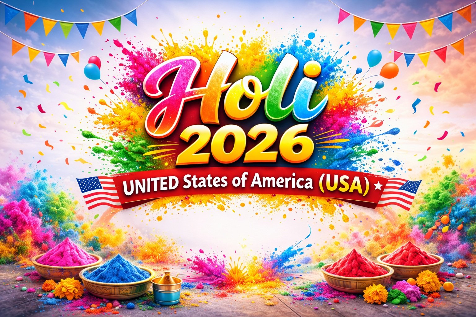 “Colorful Holi 2026 design with powder splashes and bunting.”