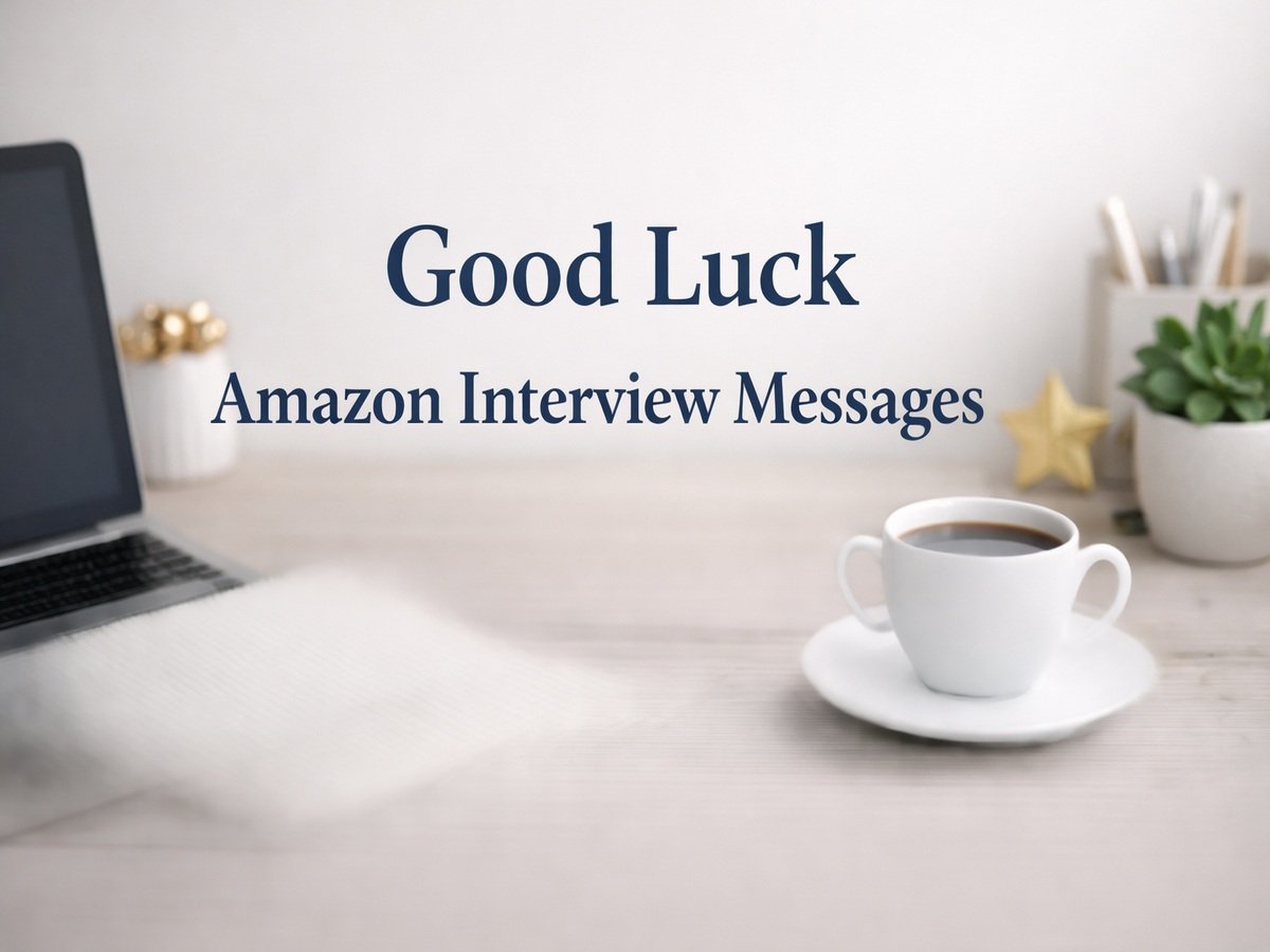 Professional header image with a desk setup and the title Good Luck Amazon Interview Messages.