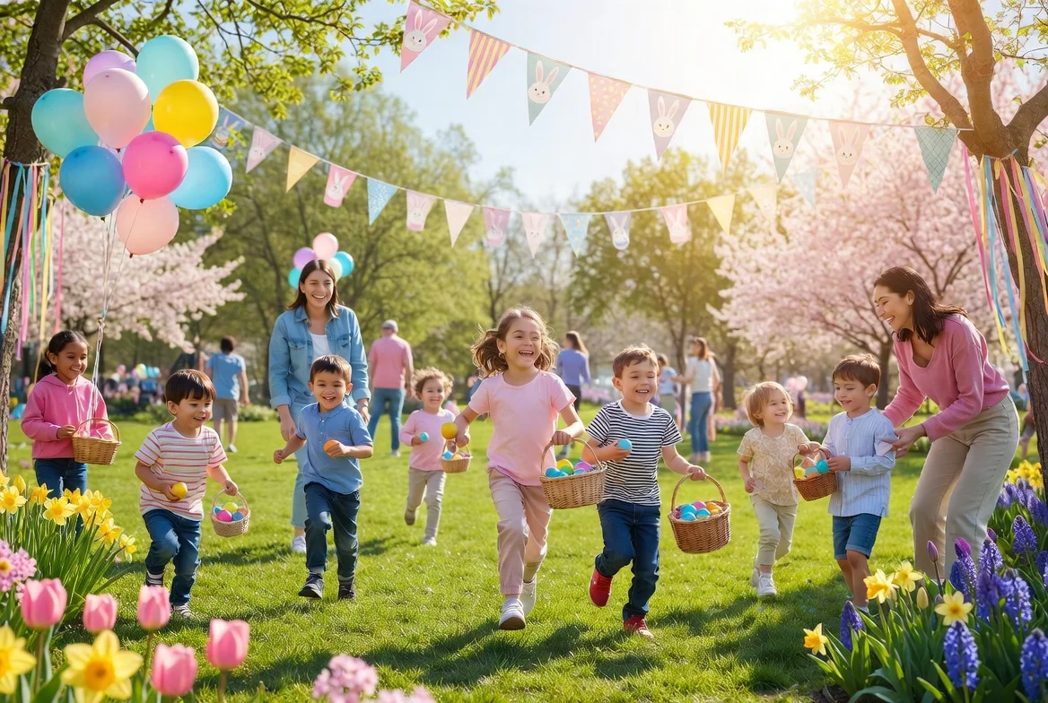 Easter Sunday celebration in a U.S. park with egg hunts and family fun.