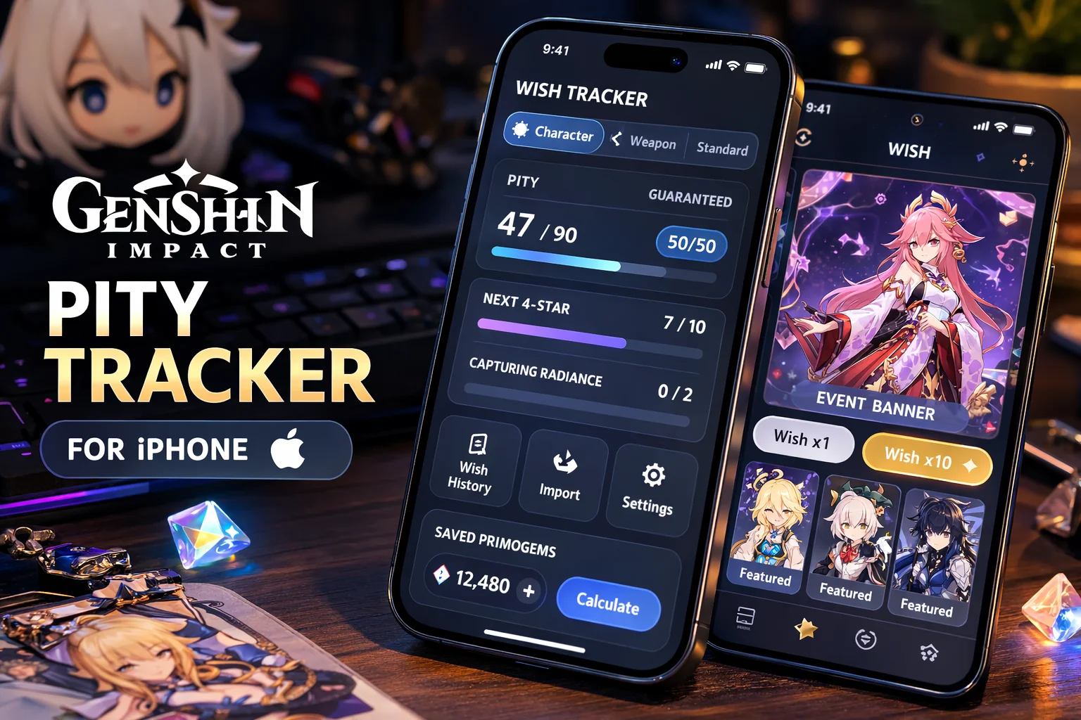iPhone displaying a Genshin wish tracker and pity counters for comparing tracking options