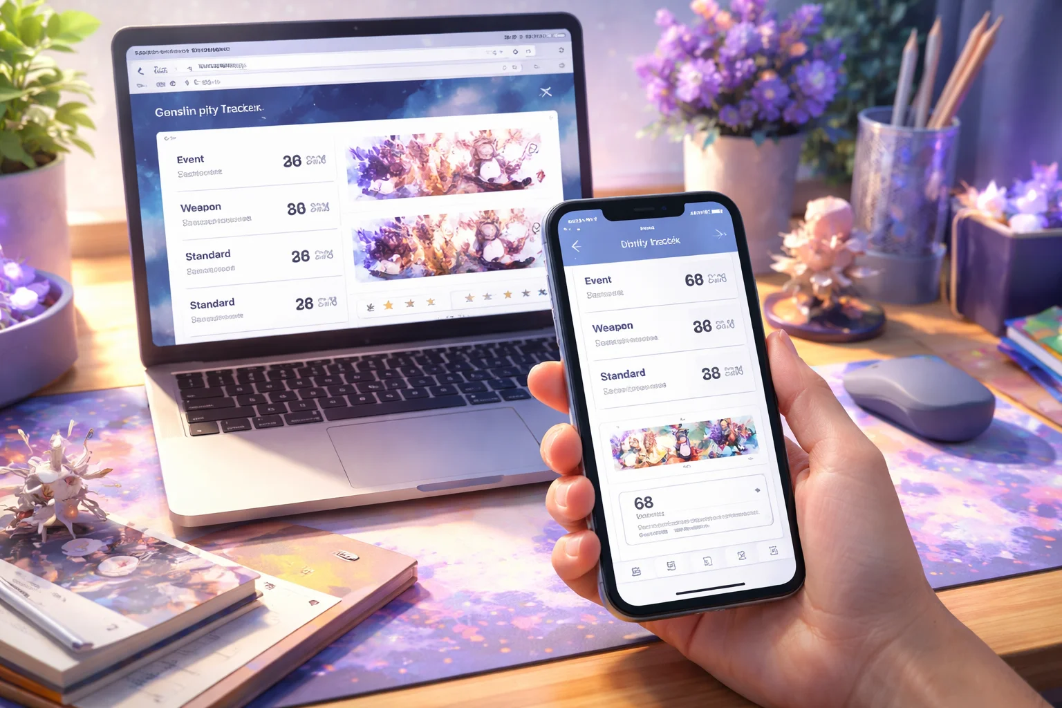 Person checking a Genshin pity tracker on an iPhone before pulling on a banner.