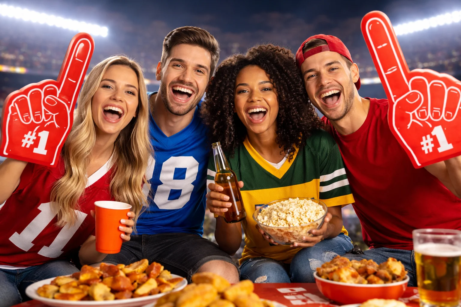 Friends posing on football game day with team colors and excited fan energy.