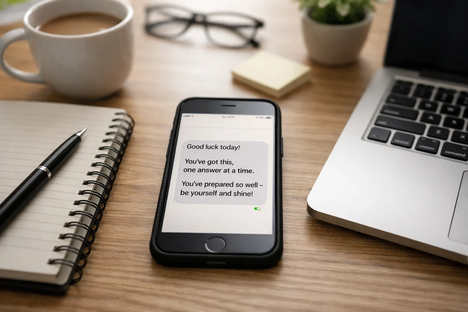 Supportive interview good-luck message on a phone beside a laptop and notebook.