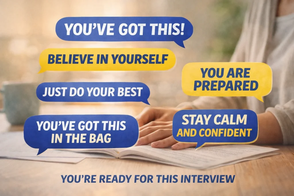 You’ve Got This!

Believe in Yourself

Just Do Your Best

You Are Prepared

Stay Calm and Confident

You’ve Got This in the Bag

You’re Ready for This Interview