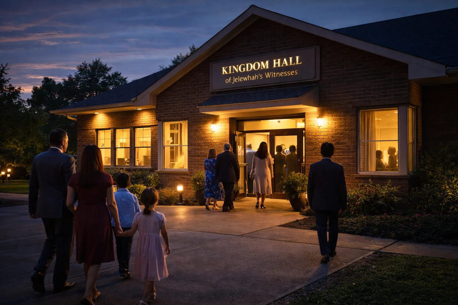 People arriving at a Kingdom Hall in the evening for Jehovah’s Witnesses Memorial, dressed modestly and entering a calm, welcoming event.