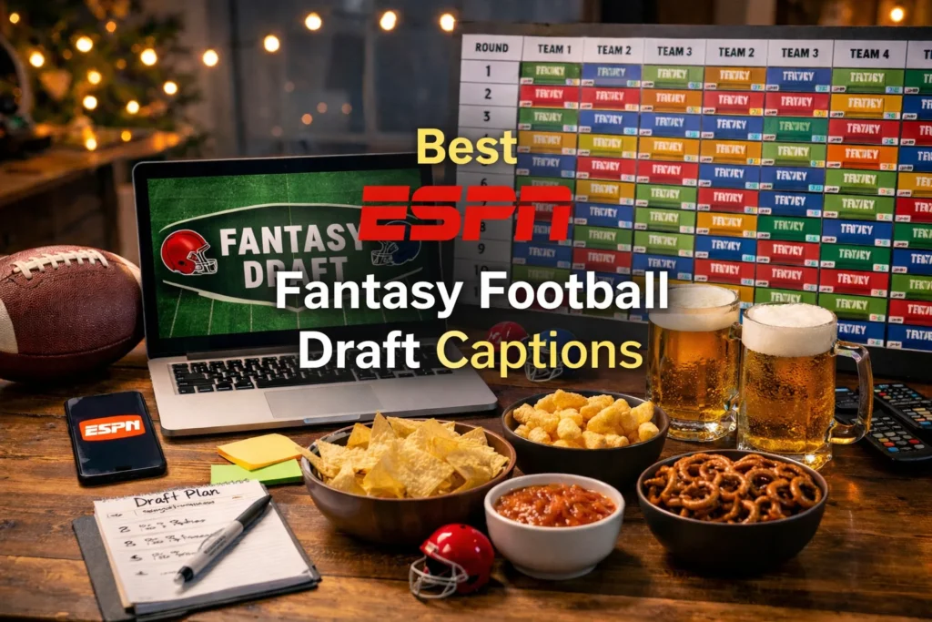 Best ESPN Fantasy Football Draft Captions featured on a fantasy football draft night setup with a laptop, snacks, phone, and draft board.