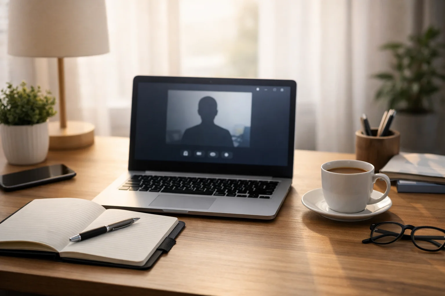 Laptop and notebook on a desk before an interview.