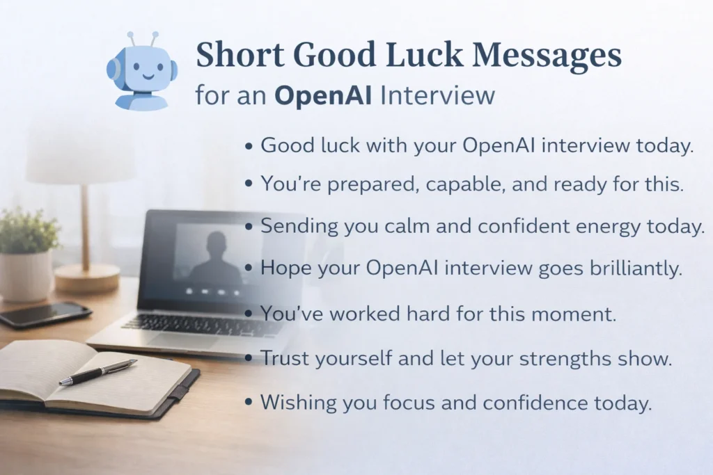 Short Good Luck Messages for an OpenAI Interview image featuring a clean desk setup with a laptop, notebook, coffee cup, and motivational interview wishes.