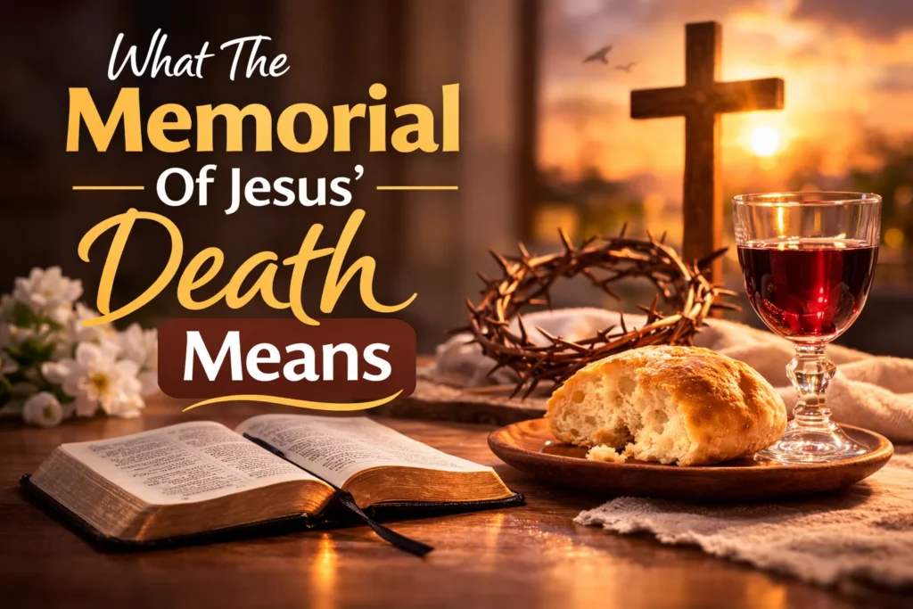 Open Bibles showing Luke 22:19 and 1 Corinthians 11:24-26 with a cross at sunset symbolizing the Bible basis for the Memorial of Jesus’ death.