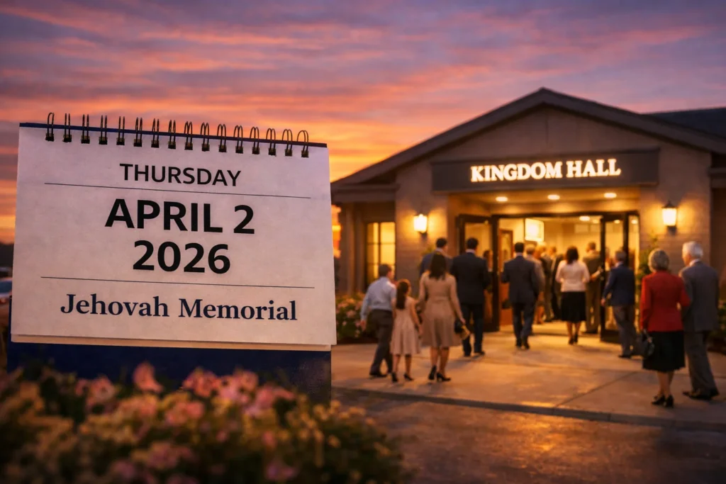 Families and guests arriving at a Kingdom Hall at sunset for Jehovah Memorial 2026 on Thursday, April 2.