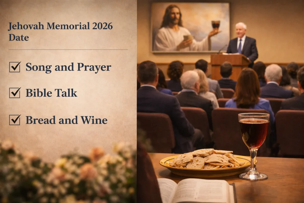 Attendees seated inside a Kingdom Hall during Jehovah Memorial 2026, listening to a Bible-based talk in a calm and respectful setting.