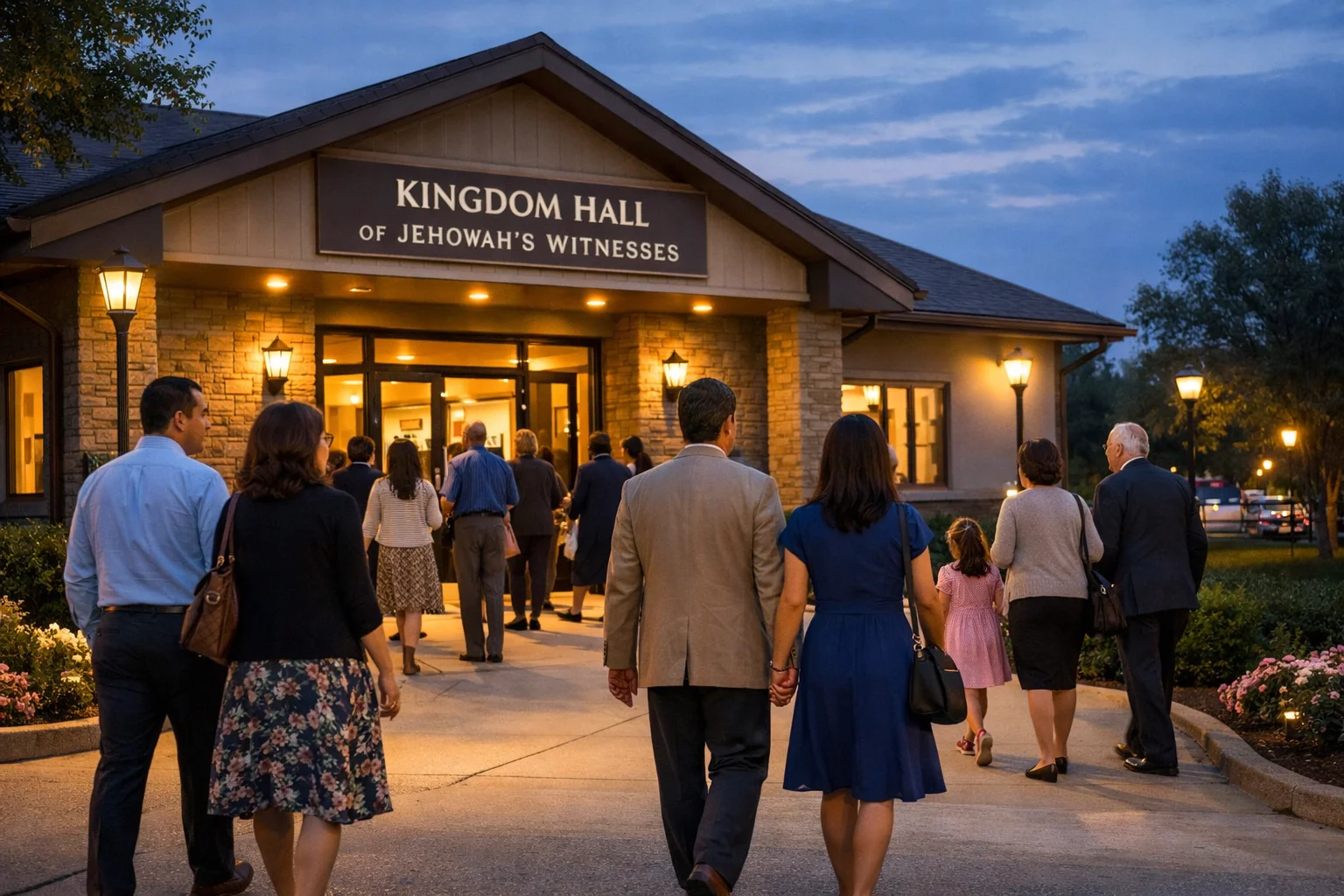 Families and visitors arriving in the evening for the Jehovah’s Witnesses Memorial service