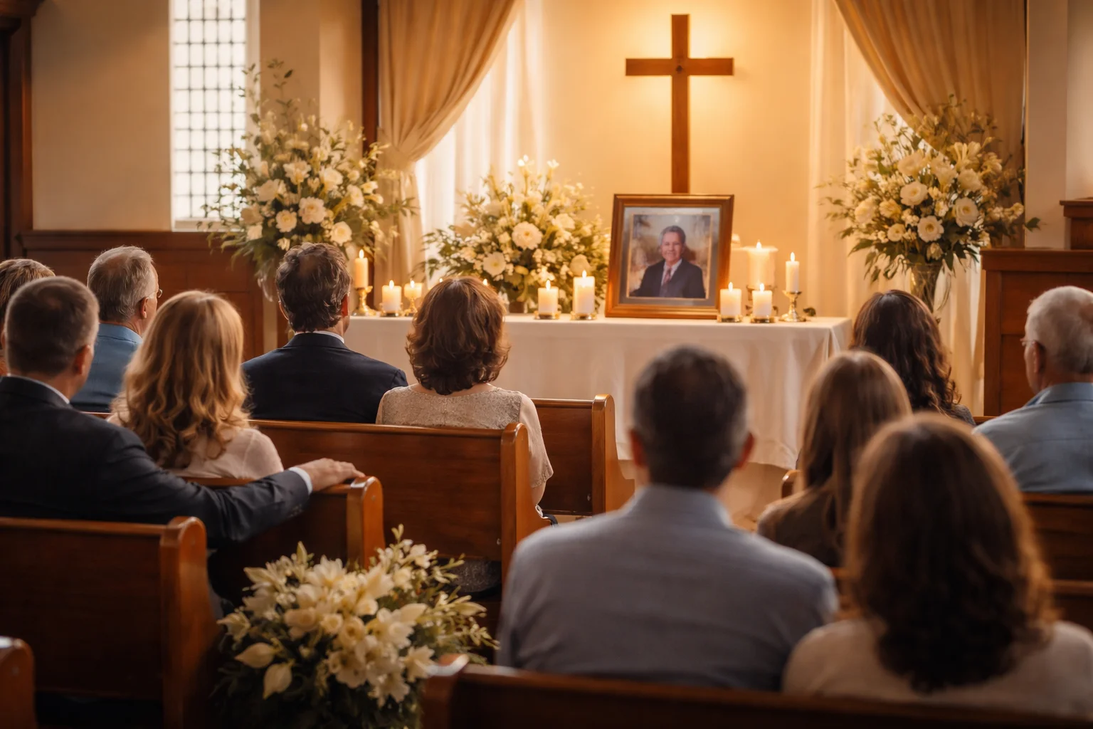 Christian memorial event in a U.S. church with candles, flowers, and a photo tribute table