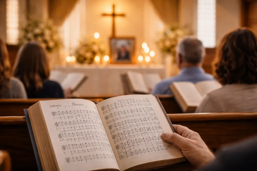 : Open hymnal in a church pew during a Christian funeral hymn, with blurred mourners, candles, flowers, and a cross near the altar.