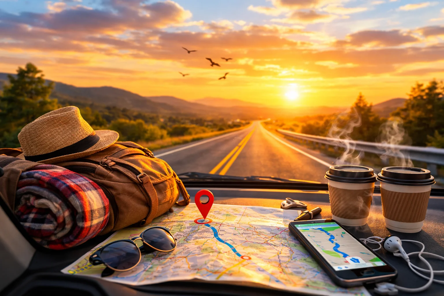 Car on an open highway during a road trip with travel items and a warm sky.