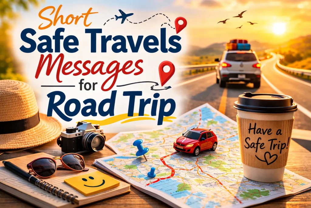 Warm road trip image with a car on an open highway, travel items, and text about short safe travels messages for road trips.