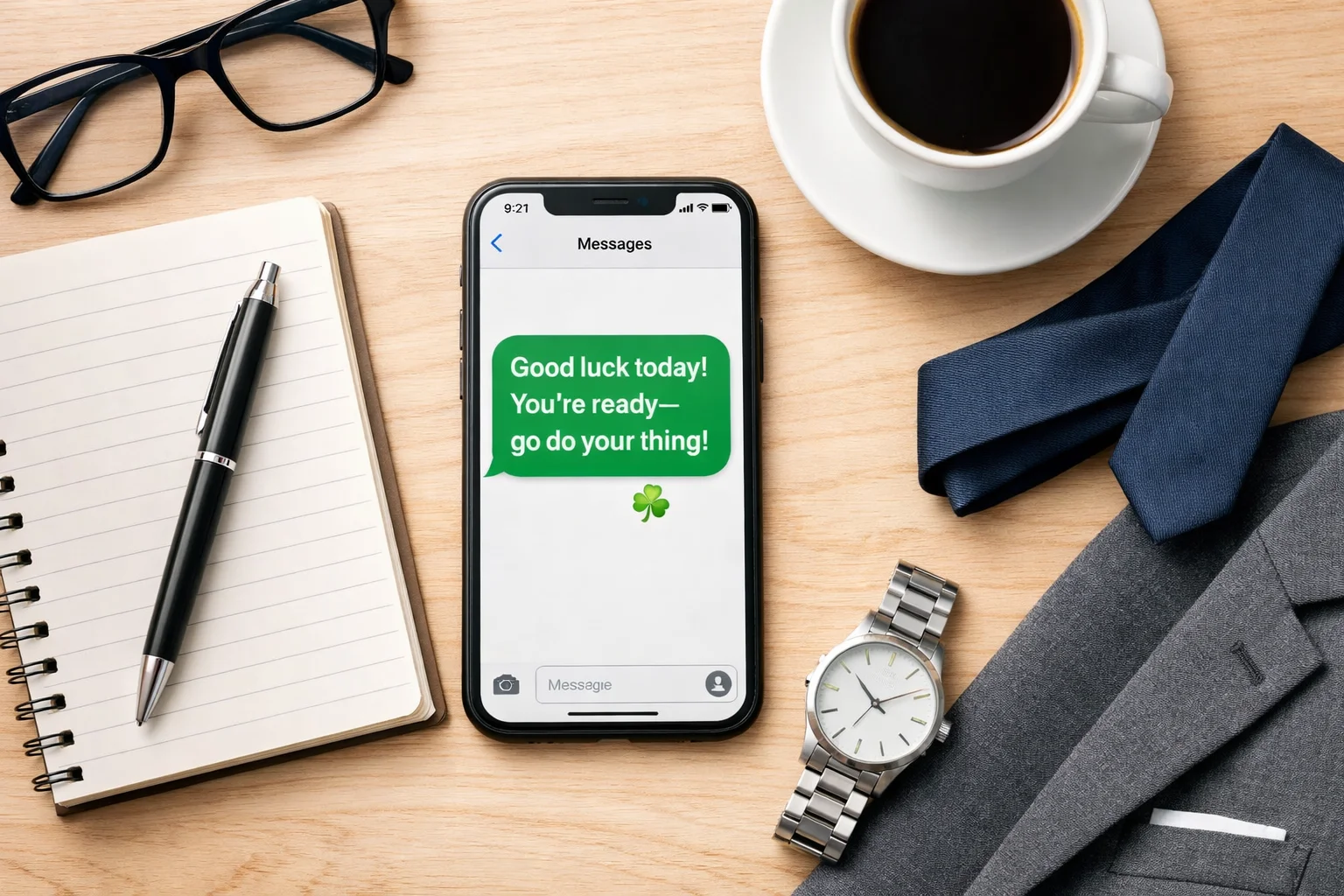 Phone with a good luck message before a Costco interview beside interview essentials.