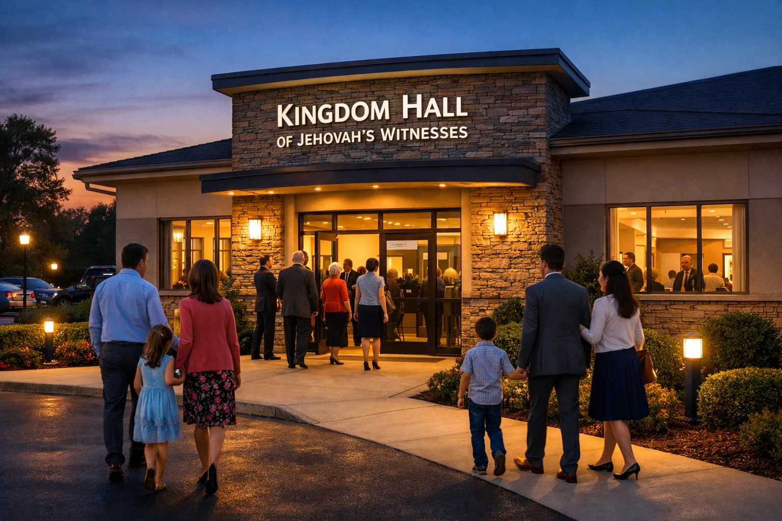 Families arriving at a Kingdom Hall for a Jehovah’s Witnesses public event.