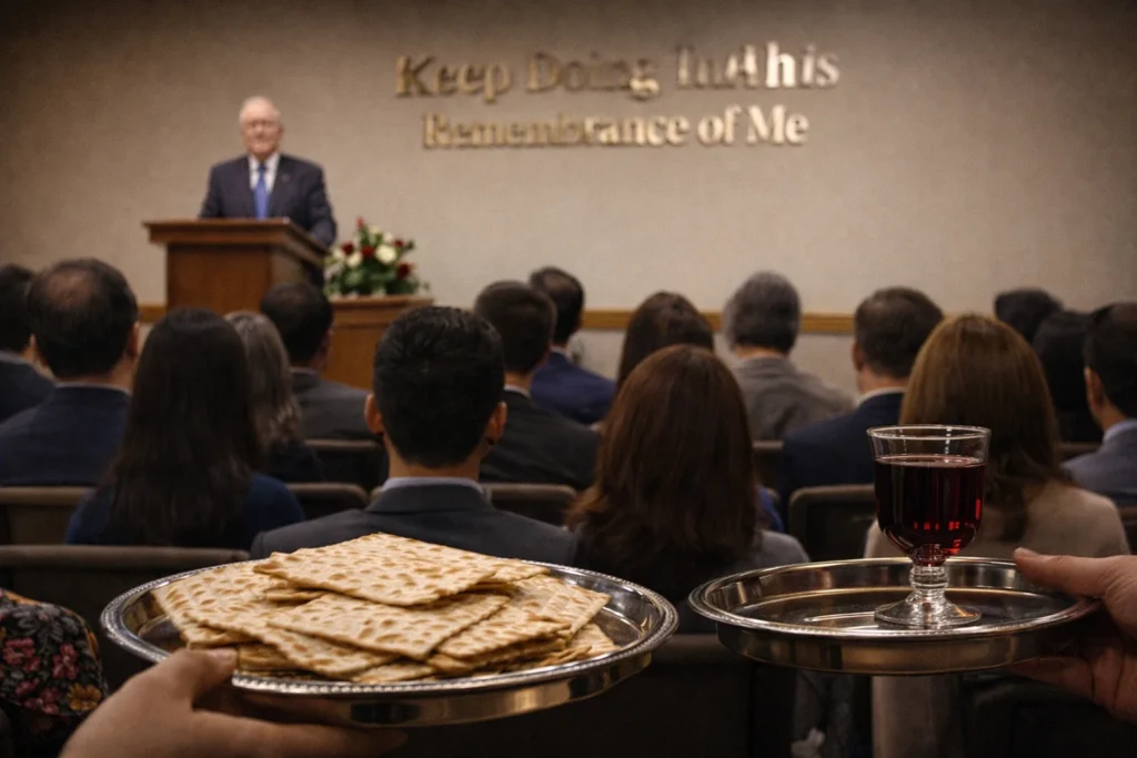 Memorial Of Jesus’ Death at a Jehovah’s Witnesses religious event, showing unleavened bread and red wine in the foreground while attendees listen to a speaker inside a Kingdom Hall.