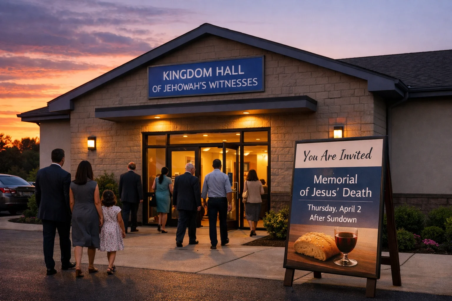 Guests arriving at a Kingdom Hall at sunset for the April 2 Memorial event