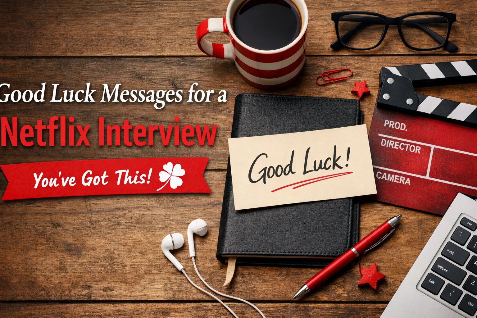 Feature image for good luck messages for a Netflix interview, showing a wooden desk with a coffee mug, notebook, laptop, clapperboard, and a handwritten good luck card.