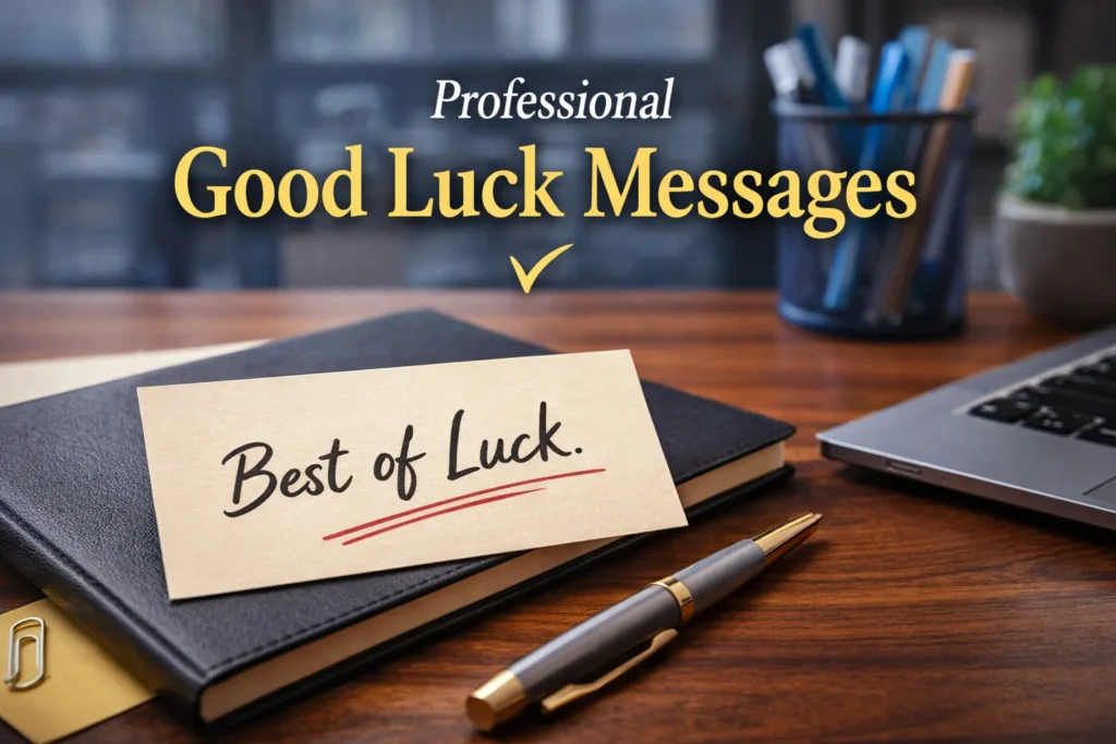 Professional good luck messages image showing a desk setup with a notebook, laptop, pen, and a card that says Best of Luck.