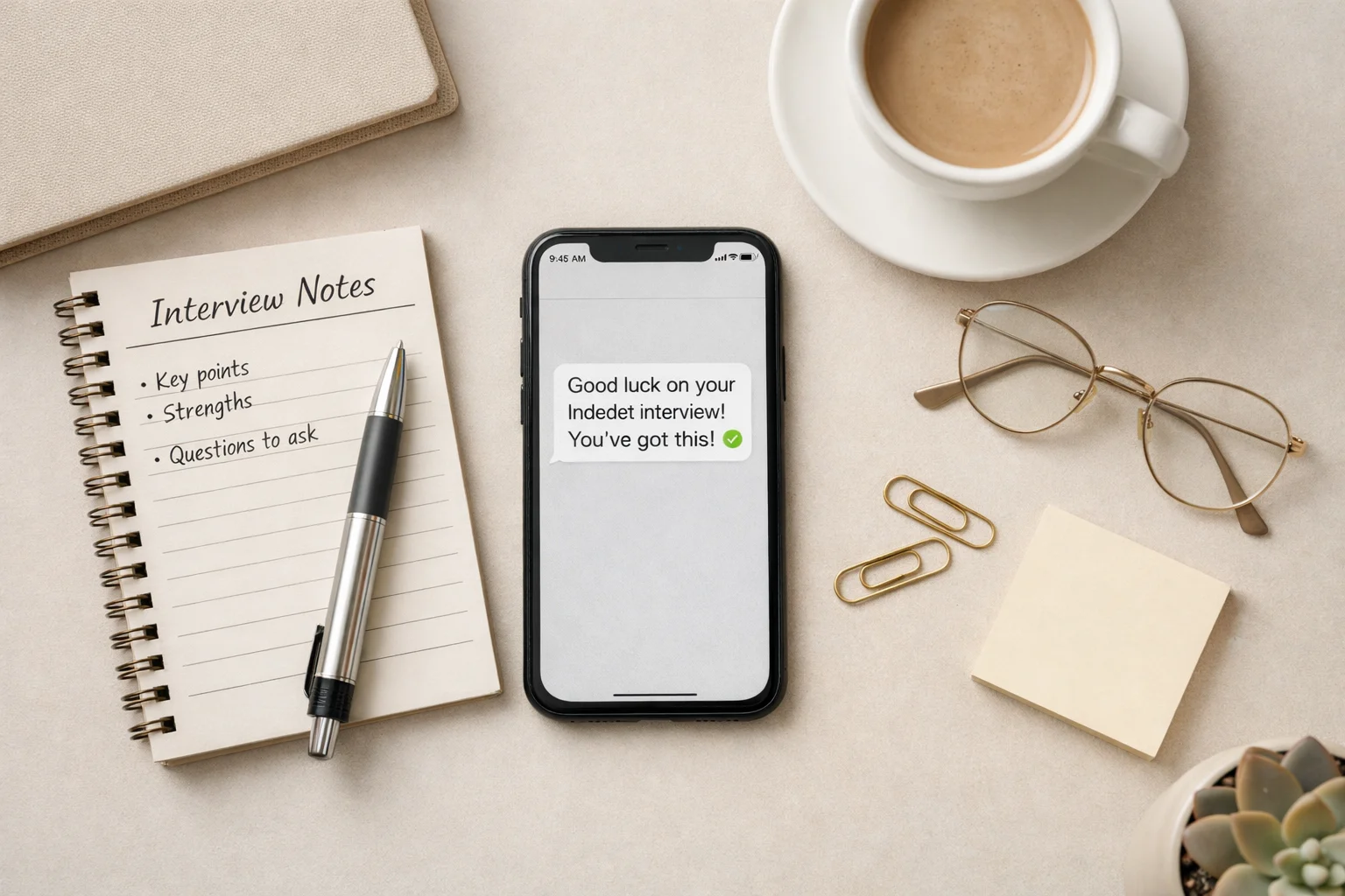Phone displaying a good luck interview message beside interview notes and coffee.