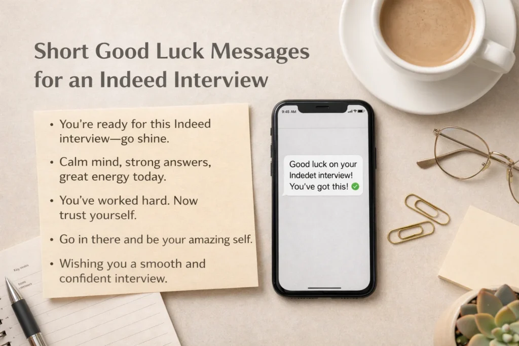 Flat-lay image with short good luck messages for an Indeed interview, featuring a phone, sticky note, coffee cup, and notebook.