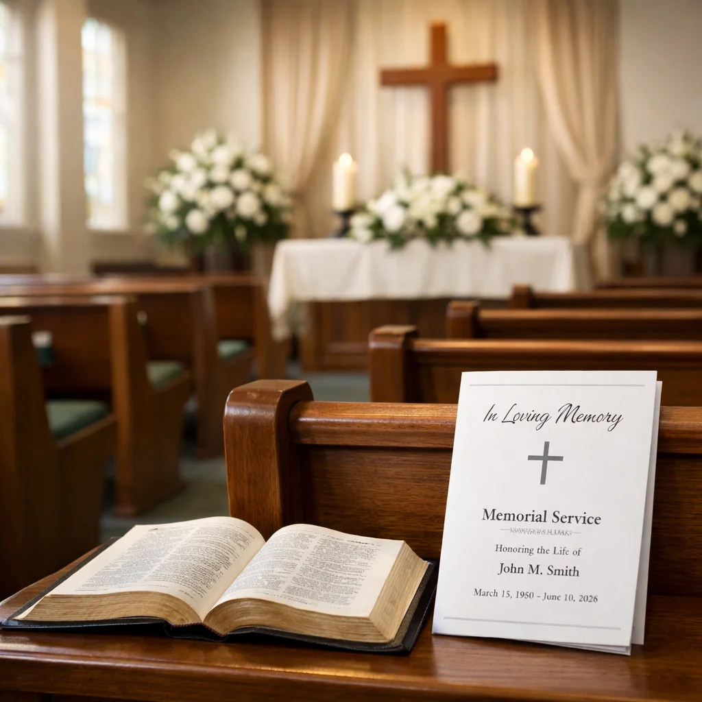 Church sanctuary set for a Bible-based memorial service with Bible, flowers, and service program